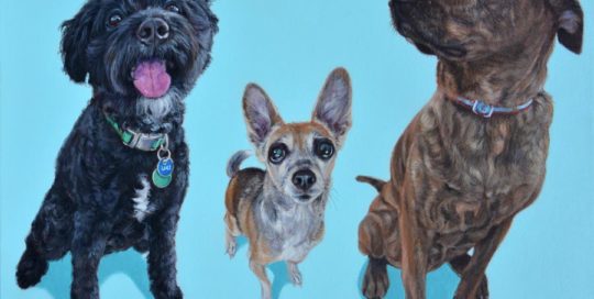 Acrylic painting of three dogs.