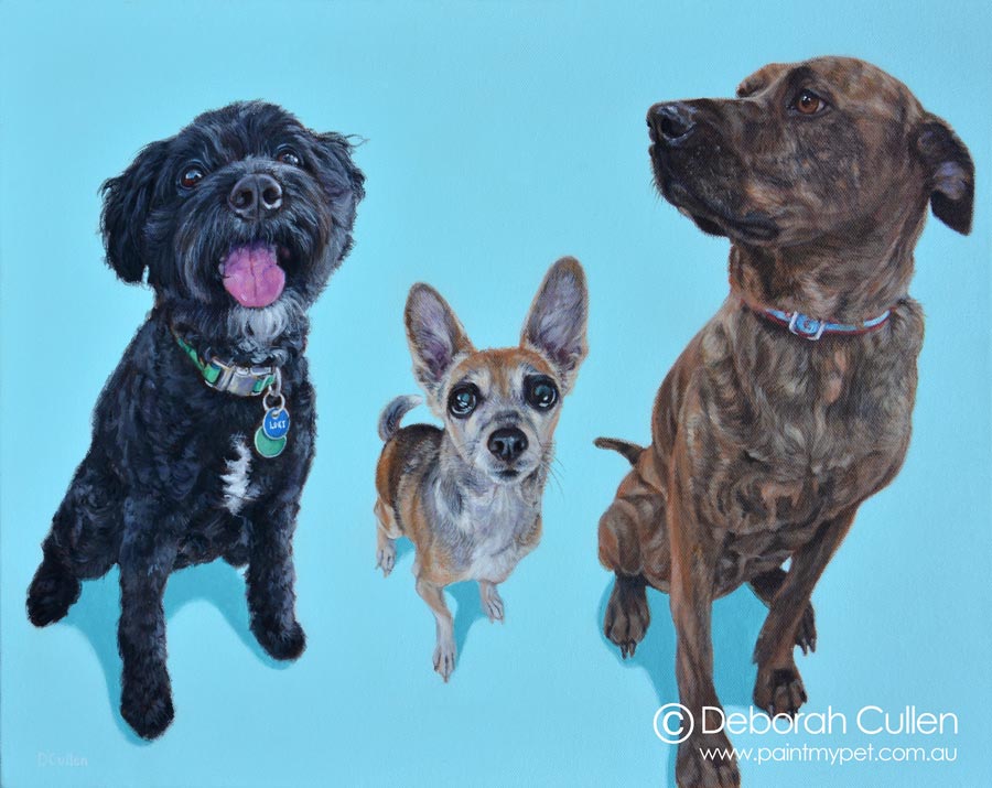 Acrylic painting of three dogs.